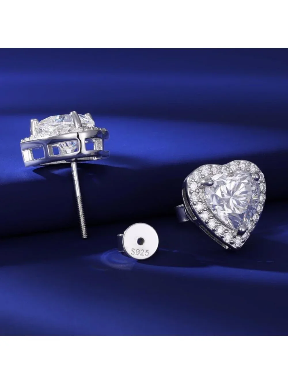 Elegant Moissanite Heart Stud Earrings, 18K White Gold Plated, Screw Back